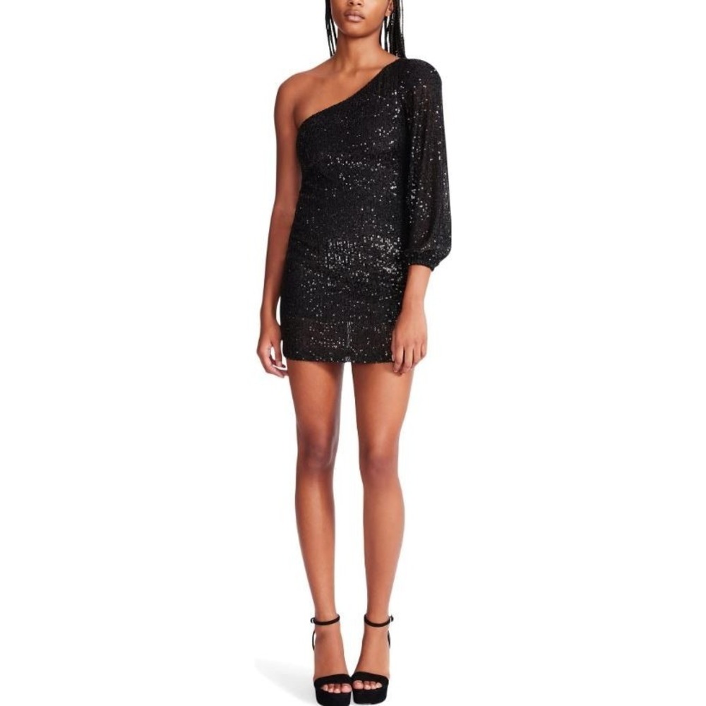 Betsey Johnson One Shoulder Blouson Sleeve Sequin Mini Dress in Black Large